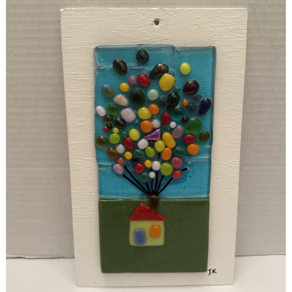 Handmade Fused Glass Art Of House With Balloons Mounted On‎ A Board-Wall Art